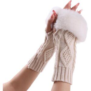 Women's Beige Winter Arm Warmers Wrist Thumb Hole Faux Fur Fingerless Gloves